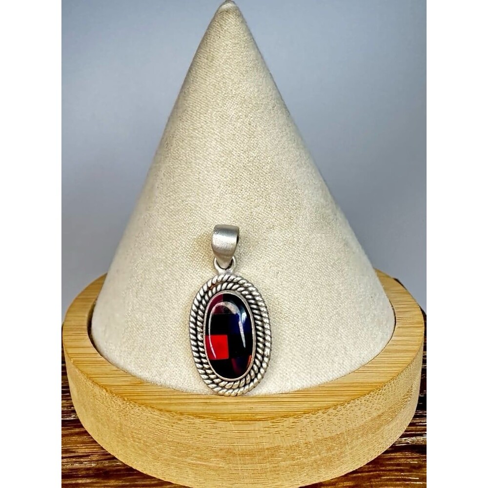 Southwest Handmade Sterling Silver Aurora Opal Checkerboard Closed Back Pendant